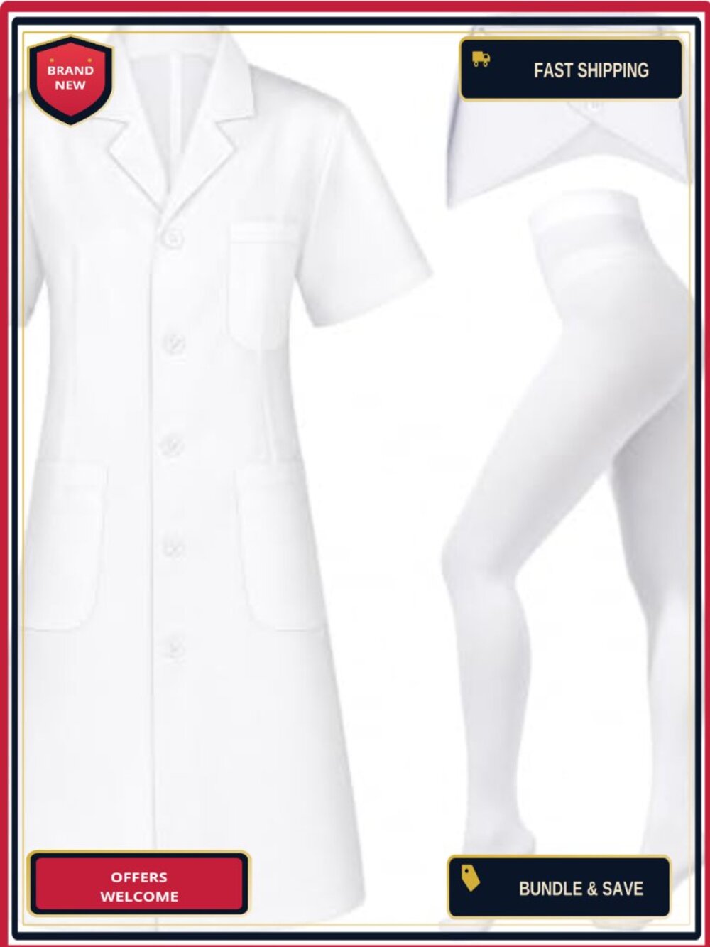 Nurse Costume Set 3 Pcs White Lab Coat Cap Pantyhose Adult Cosplay